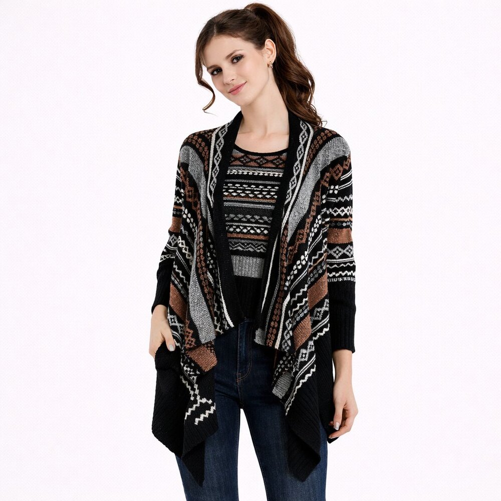 Kenar Lambs Wool Faire Isle Open Cascade Cardigan Wrap S